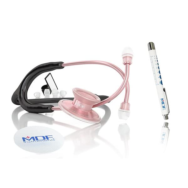 [Australia - AusPower] - MDF Instruments Acoustica Lightweight Stethoscope for Doctors, Nurses, Students, Rose Gold/Black Tube + MDF LUMiNiX Illuminator Medical Professional Diagnostic Penlight 