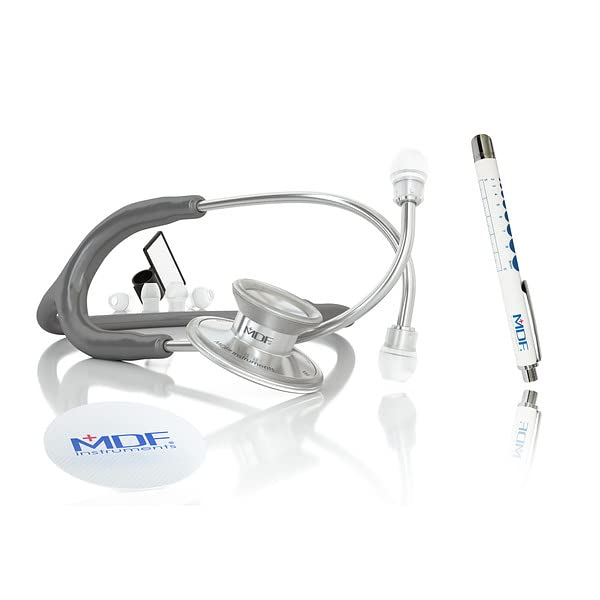 [Australia - AusPower] - MDF Instruments Acoustica Lightweight Stethoscope for Doctors, Nurses, Students, Silver/Gray tube + MDF LUMiNiX Illuminator Medical Professional Diagnostic Penlight 