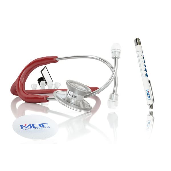 [Australia - AusPower] - MDF Instruments Acoustica Lightweight Stethoscope for Doctors, Nurses, Students, Silver/Burgundy tube + MDF LUMiNiX Illuminator Medical Professional Diagnostic Penlight 