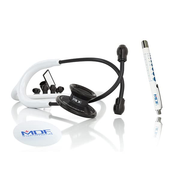 [Australia - AusPower] - MDF Instruments Acoustica Lightweight Stethoscope for Doctors, Nurses, Students, Black/White Tube + MDF LUMiNiX Illuminator Medical Professional Diagnostic Penlight 