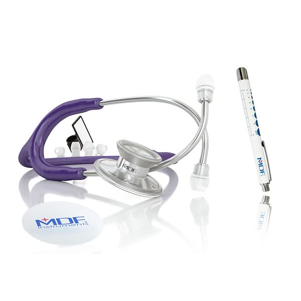 [Australia - AusPower] - MDF Instruments Acoustica Lightweight Stethoscope for Doctors, Nurses, Students, Silver/Purple tube + MDF LUMiNiX Illuminator Medical Professional Diagnostic Penlight 