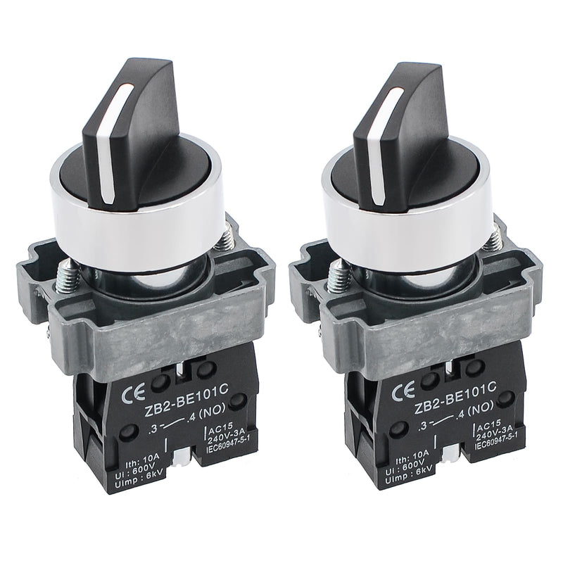 [Australia - AusPower] - 2Pack Black 2-Position Selector Switch 1NO Metal Head Switch Ith: 10A, Ui: 600V, Uimp: 6kV, AC15 240V-3A, CE 
