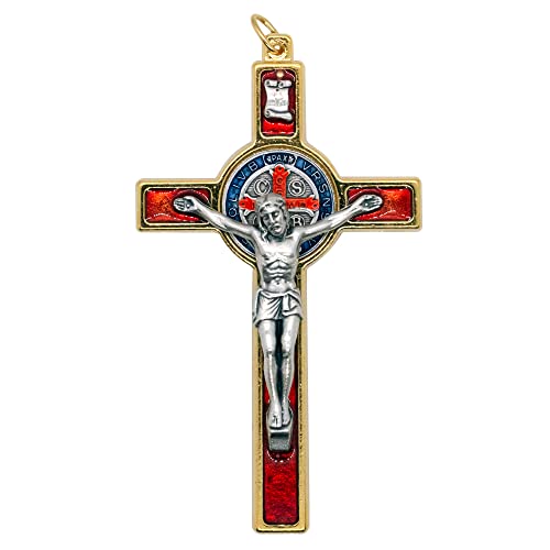 VILLAGE GIFT IMPORTERS 3.25" Saint Benedict Medal Crucifix Enamel design with St. Benedict Medal Multiple colors Red