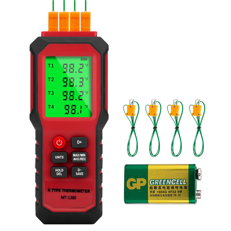 [Australia - AusPower] - YZT Meter 4-Channel K-Type Temperature Thermometer Measurement Range- 328℉~2501℉,Temperature Data Logger Comes with 4 PCS Thermocouple Probe Sensor Red 