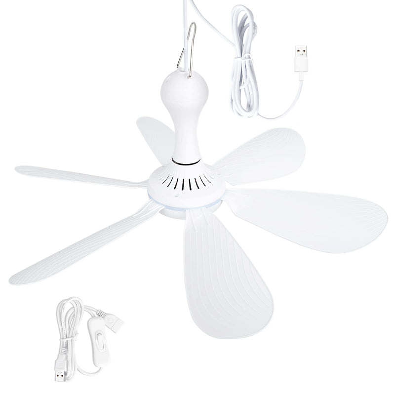 [Australia - AusPower] - Xindejia USB Powered Small Ceiling Fan 6 Blades Quiet DC 5V USB Ceiling Fans for Indoor Outdoor RV Bed Room Desk Travel Camping Tent Canopy Cubicle Mini Portable Hanging Fans - White Switch 