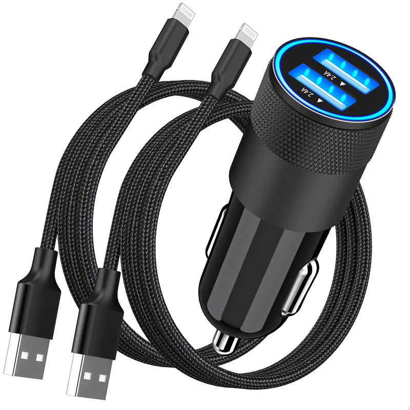 [Australia - AusPower] - 【MFi Certified】iPhone Fast Car Charger, Rombica 4.8A Dual USB Smart Power Cigarette Lighter USB Car Charger + 2Pack Lightning to USB Braided Cable for iPhone 14 13 12 11 Pro/XS Max/Mini/XR/SE/X/8/iPad Carbon Fiber Black 