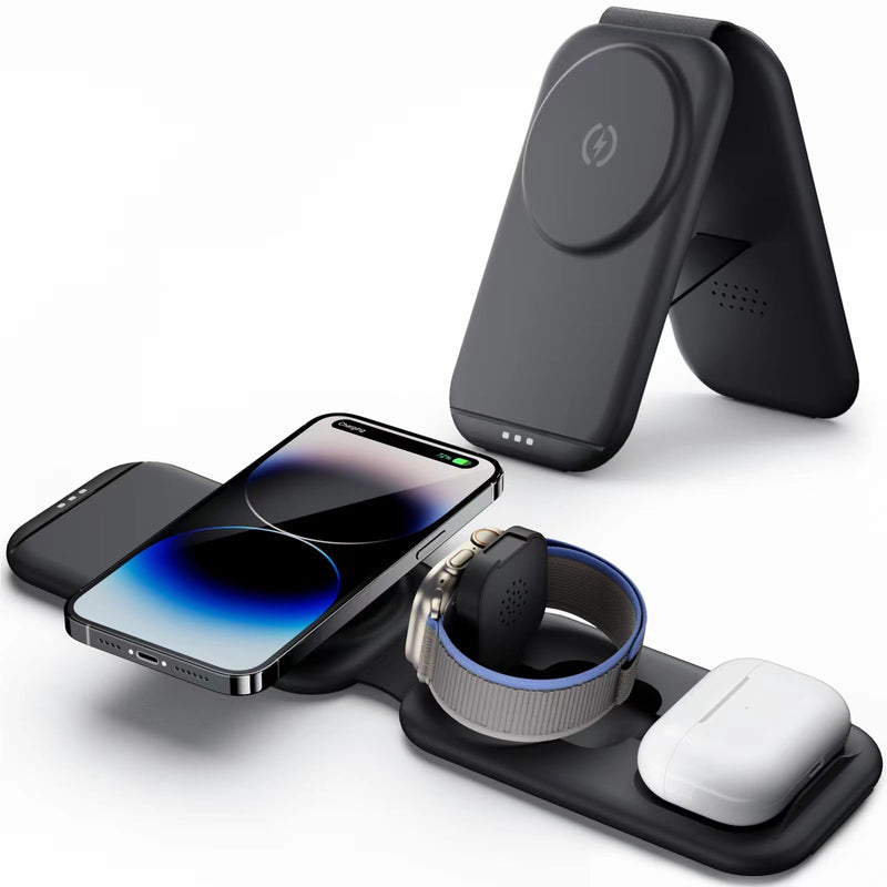 [Australia - AusPower] - 3 in 1 Wireless Charging Station for Apple, Bifrost Ace Foldable Mag-Safe Charger, Magnetic Travel Pad for iPhone 14/13/12 Series,iWatch Series, AirPods Series (Adapter Included) Black 