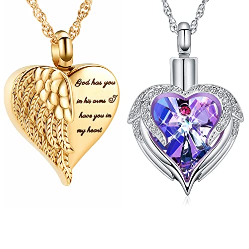 shajwo 2pcs Cremation Jewelry Angel Wing Heart Urn Necklace for Ashes Memorial Keepsake Pendant for Women Men