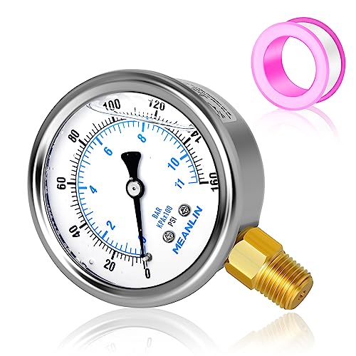 MEANLIN MEASURE 0-160 PSI liquid-filled pressure gauge with 2.5-inch stainless steel dial and lower mount fitting