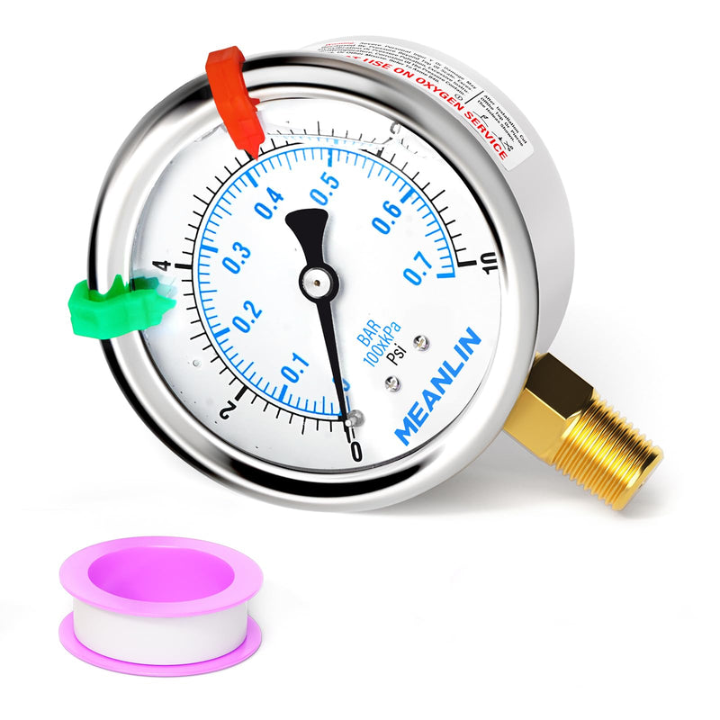 [Australia - AusPower] - MEANLIN MEASURE 0~10Psi Liquid Filled Pressure Gauge 1/4" NPT 2.5" FACE DIAL Stainless Steel Glycerin Filled WOG Water Oil Air Lower Mount (with 2PCS Snaps) 0-10Psi 