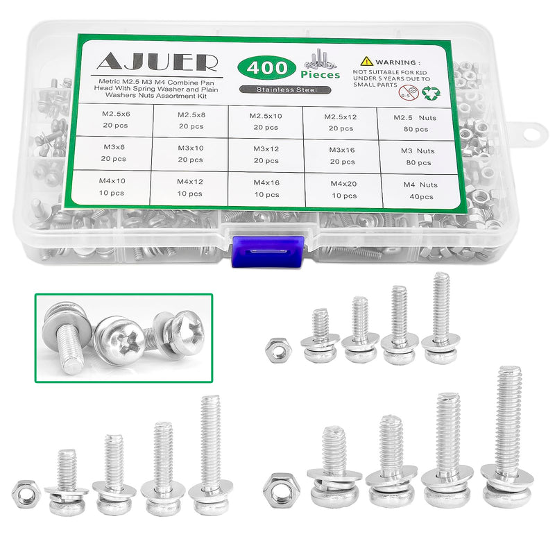 [Australia - AusPower] - Metric M2.5 M3 M4 304 Stainless Steel Phillips Pan Head Machine Screws Bolts Combine with Spring Washer and Plain Washers Nuts Assortment Kit.Bolts and Nuts Washers Assortment Kit sllver 400pcs Phillips Pan Head Combine screws 
