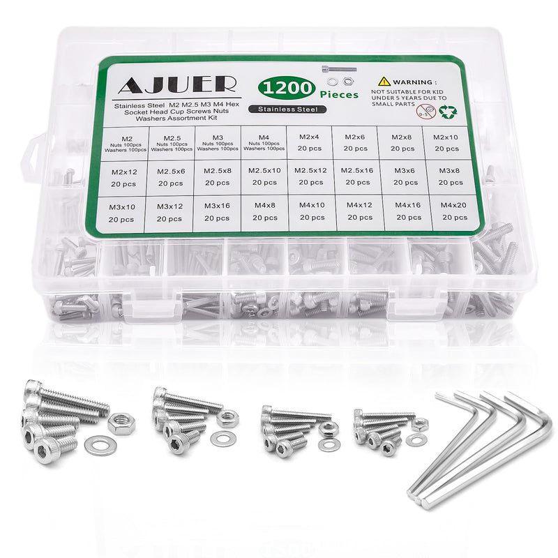 [Australia - AusPower] - 1200pcs M2/M2.5/M3/M4 hex Socket Head Cap Screws Bolts Nuts Washers Assortment Kit, 304 Stainless Steel Metric Screw Set, Small Bolts and Nuts Kit sllver 1200pcs hex socket haed cup screw 