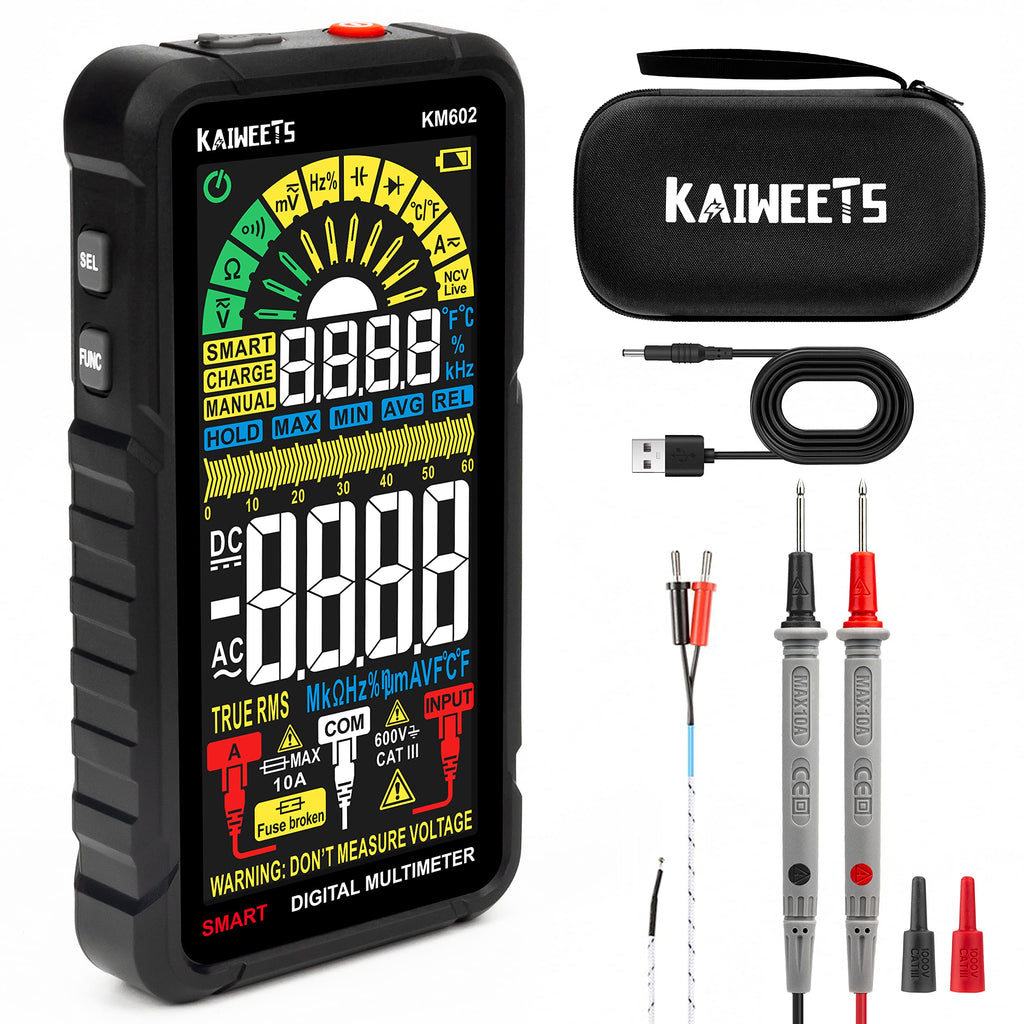 KAIWEETS Smart Multimeter Rechargeable Electrical Tester with Auto Ranging Digital Voltmeter Measures Voltage Current Resistance Continuity Capacitance Temperature Frequency NCV 6000 Counts TRMS Black KM602 Full-screen smart multimeter