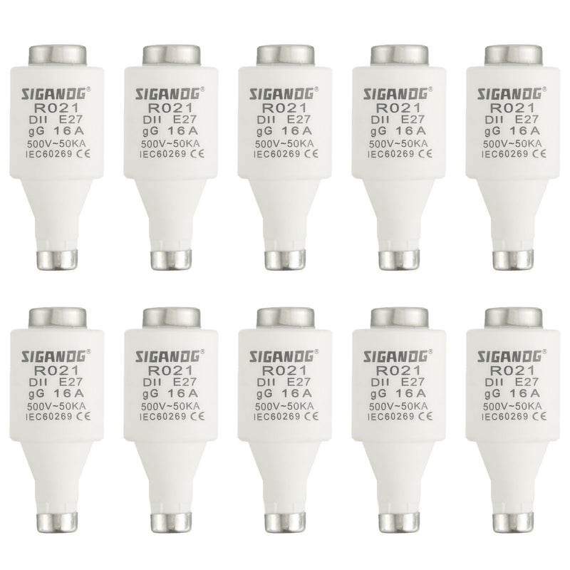 16A DII E27 R021 Spiral Ceramic Fuses gG Diazed Fuse Inserts 500VAC for Cable and Line Protection (Pack of 10) 16A