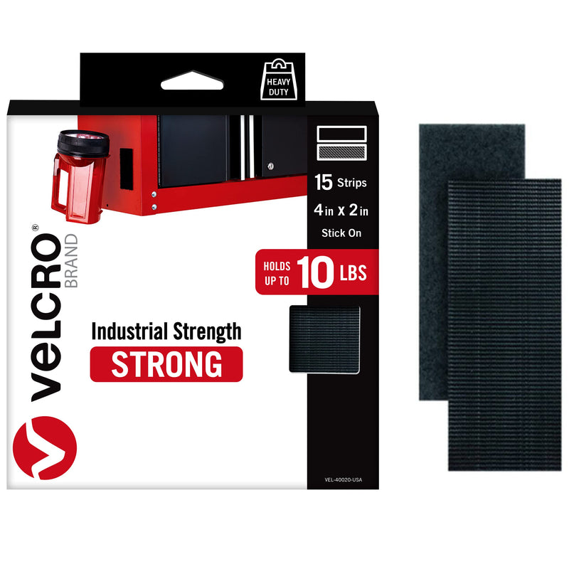 [Australia - AusPower] - VELCRO Brand Heavy Duty Strips with Adhesive | 15 Sets Industrial Strength Mounting Tape | 4x2 Inch Wide Fasteners | Holds 10 lbs | Indoor or Outdoor Use, Black (VEL40020-USA) 