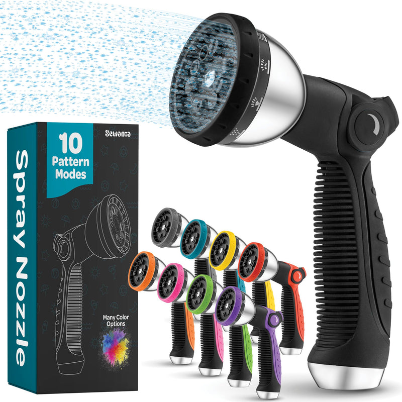 [Australia - AusPower] - Hose Nozzle [Black] Heavy Duty Hose Sprayer With 10 Adjustable Watering Patterns. Thumb Control Design, Comfortable Ergonomic Grip, Garden Hose Nozzle for Watering Plants & Lawns/Fun showers/Cleaning 1 Black 