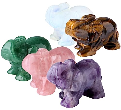 QINJIEJIE 5PCS Elephant Decor Amethyst Statue Crystals Rose Quartz Green Aventurine Opal Tiger Eye Cute Desk Stones Decoration Room Office Decor Statue Pocket Spiritual Gem Gifts for Women 1.5" Amethyst+rose Quartz+green Aventurine+opal+tiger Eye