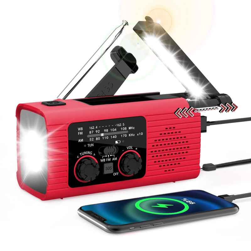 [Australia - AusPower] - 【2023 Newest】 NOAA Emergency Weather Radio, 4000mAh Weather Alert Radio Solar Charging, Hand Crank & USB Charged, AM/FM Radio with LED Flashlight, Reading Lamp, SOS Alarm, Headphone Jack for Outdoor Red 