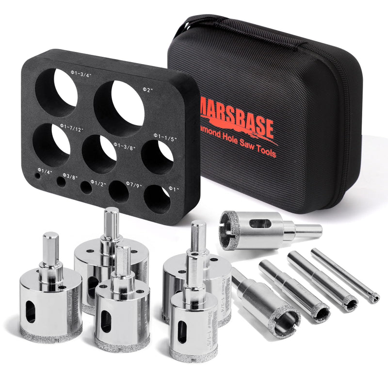 MARSBASE Diamond Hole Saw Kit - 10 PCS Tile Drill Bits Set With EVA Mould for Guide Jig - Electroplated Hollow Drill for Tiles, Ceramic, Glass, Gypsum, Marble, Granite Silver