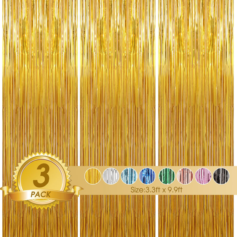 [Australia - AusPower] - Birthday Party Decorations: 3 Pack 3.3 x 9.9 ft Gold Foil Fringe Curtains Party Supplies, Tinsel Curtain Backdrop for Parties/Birthday/Photo Booth 