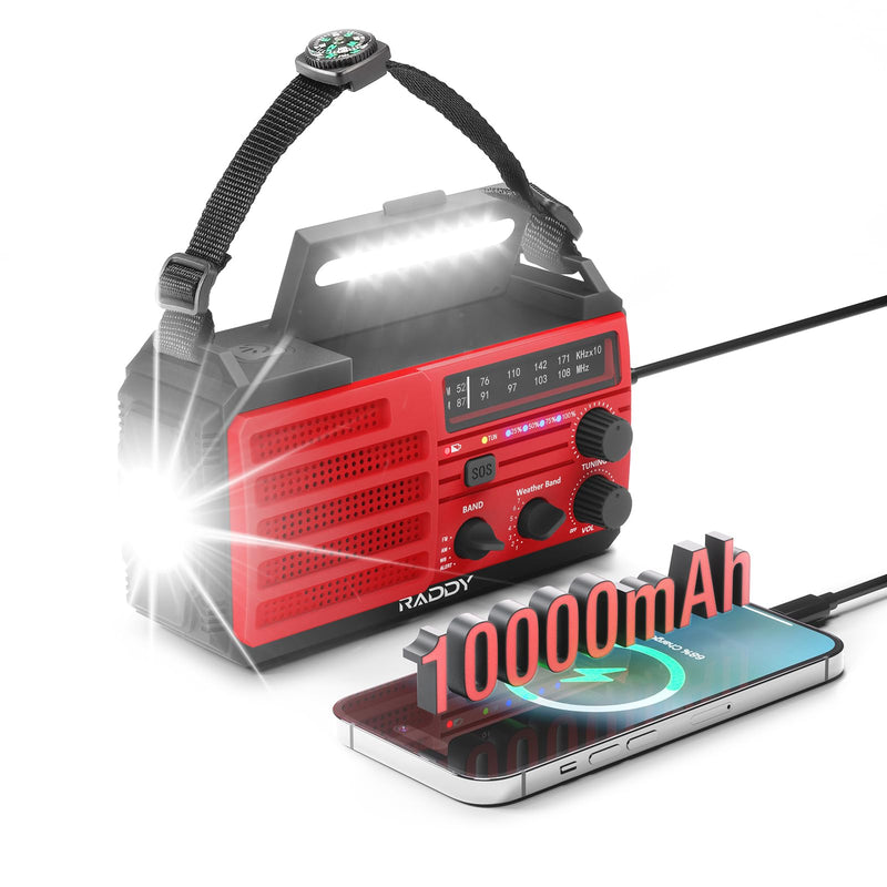 [Australia - AusPower] - [10000mAh Battery] Raddy SW10 Emergency Radio, Hand Crank Solar, AM FM NOAA Radio with Rechargeable Battery Flashlight SOS Alarm Compass, Power Bank for Power Outage Camping Hurricane Outdoor 