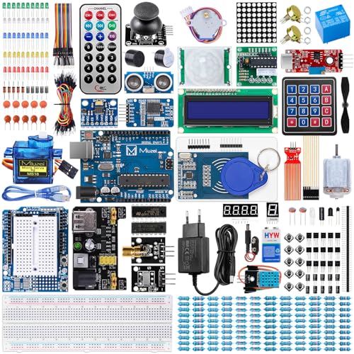Miuzei Starter Kit for Arduino, Electronics Kit 248 Pieces, 42 German Courses | Electronic project kit with German tutorial, pegboard, sensors, LEDs, power supply, solder-free, ideal for beginners