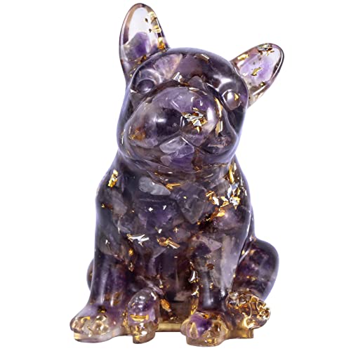 Amogeeli Healing Orgone Crystal French Bulldog Figurine Decoration, Pocket Stone Dog Statue for Shelf Desk Office, Amethyst