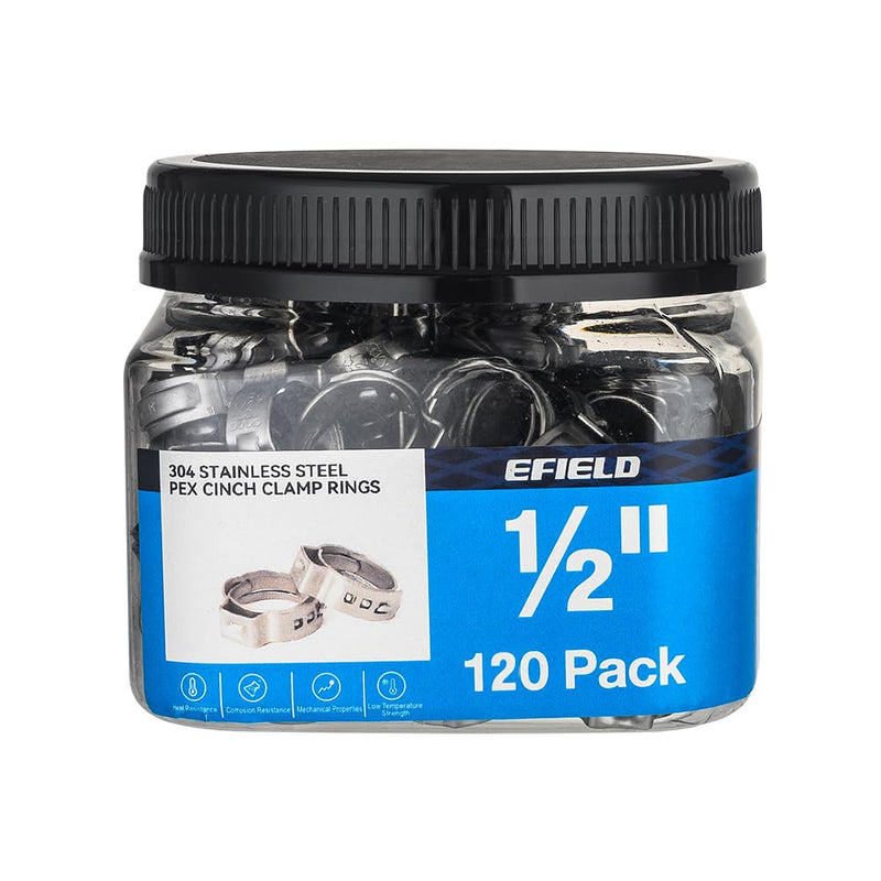 [Australia - AusPower] - 120-Pack EFIELD 1/2-inch Stainless Steel Pex Cinch Clamp Rings for Pex Tubing Pipes Pack 120 in Bottle 