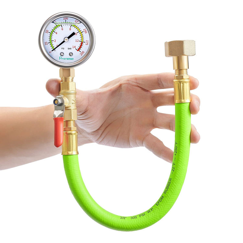 [Australia - AusPower] - Stainless Steel Water Test Pressure Gauge Kit 2" Dial Size,Guage+12"EPDM Rubber+1/4"LF Valve+1/4 to 3/4 Adapter,Lower Mount with Liquid Filled 0~200PSI(Color Coded) Gauge+1/4"valve+Rubber hose+Adapter 