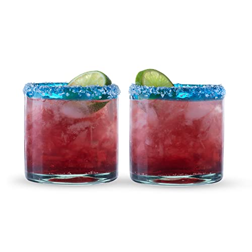 Segunda Vida Primavera Hand Blown Short Tumblers, Recycled Drinking Glasses with Blue Rim for Margarita, Tequila, Cocktails, Iced Drinks, Birthday Gifts for Women, Mexican Glassware, 12 oz, Set of 2 Cocktail Glasses
