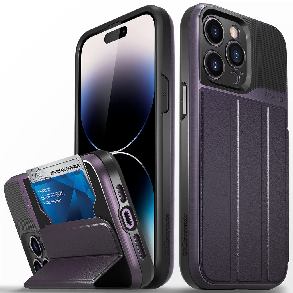 [Australia - AusPower] - VENA vCommute Wallet Case Compatible with Apple iPhone 14 Pro Max (6.7"), (Military Grade Drop Protection) Flip Leather Cover Card Slot Holder with Kickstand - Deep Purple/Black 