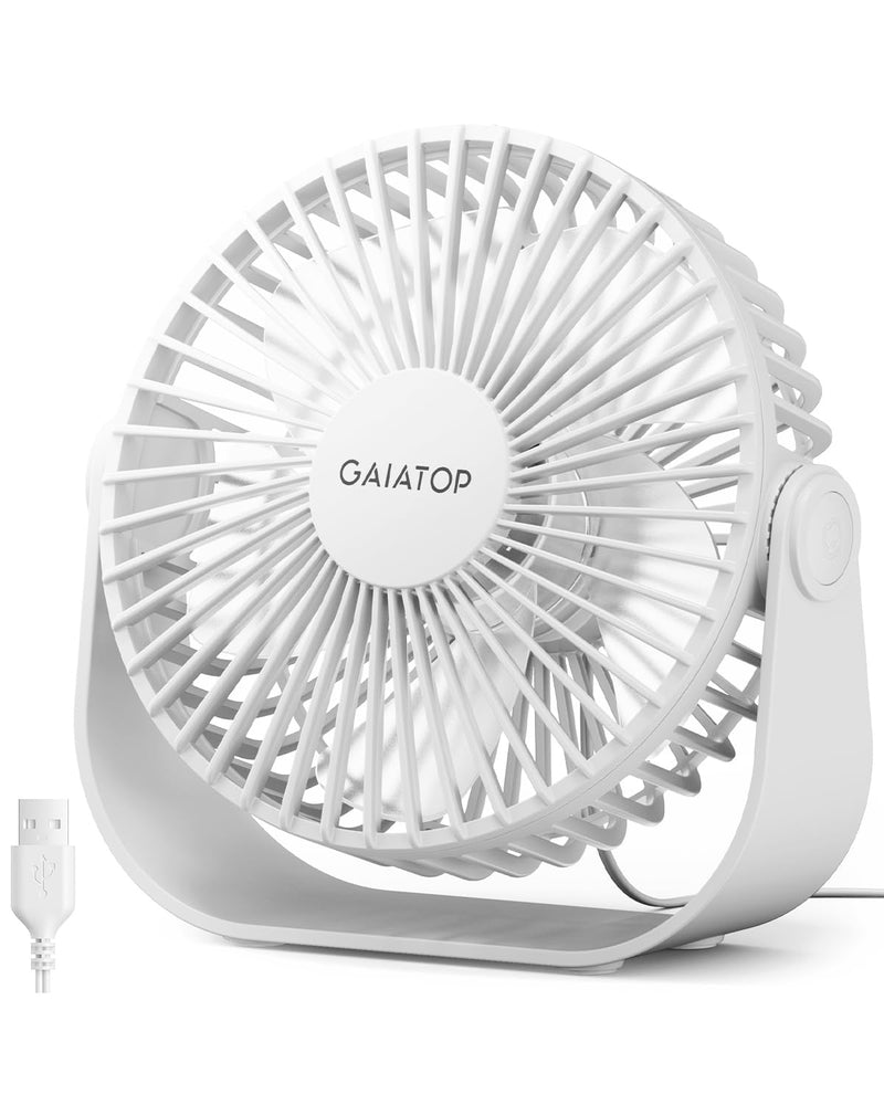 [Australia - AusPower] - Gaiatop USB Desk Fan, 3 Speeds Portable Small Fan with Strong Airflow, 5.5 Inch Quiet Table Fan, 90° Rotate Personal Cooling Fan For Bedroom Home Office Desktop Travel (White) White 