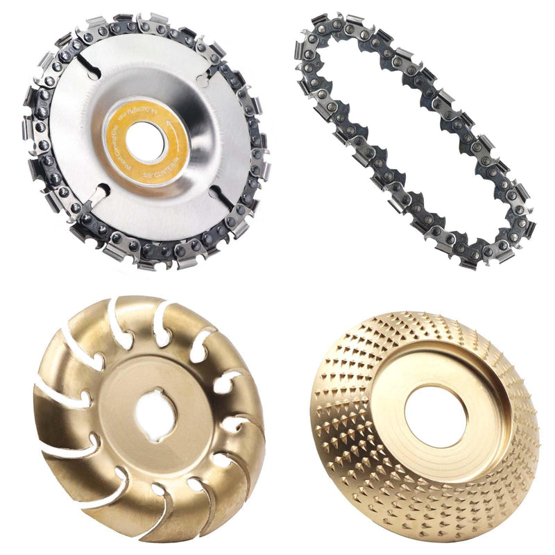 [Australia - AusPower] - 4PCS Wood Grinding Wheel for 4" or 4 1/2" Angle Grinder, 12 Teeth Wood Shaping Disc, Circular Saw Blade with Replacement Chain for Woodworking Cutting, Carving, Shaping and Sanding Grinding Wheel Carving Chain Set 