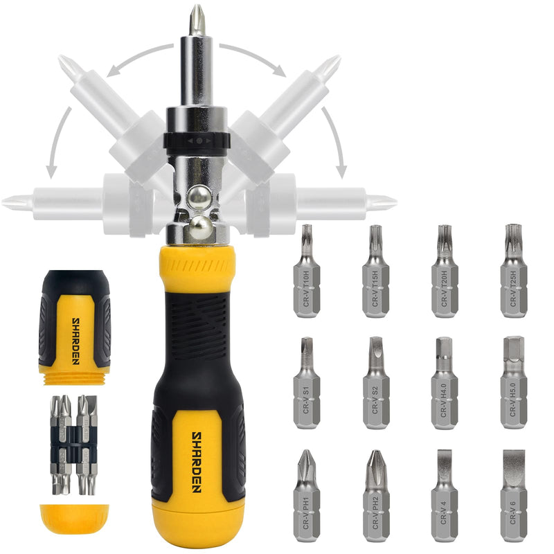 SHARDEN Ratcheting Screwdriver Multi Bit Screw Driver 13-in-1 Tool Ratchet Screwdriver Set Flat Head/Square/Torx/Hex/Phillips Screwdriver, 180 Degree Pivoting Adjustable Angle Magnetic Screwdriver Yellow