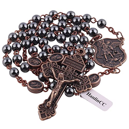 HanlinCC Catholic Rosary Necklace Saint Michael Medal Hematite Stone Beads Anti-Copper St.Michael Rosary