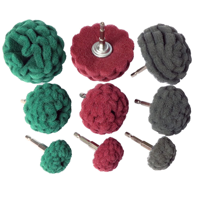 [Australia - AusPower] - 9PCS Scouring Pads Abrasive Buffing Polishing Wheel Drill Attachment Set, Non Woven Wheel Polishing Kit for Drill,Power Scrubber Drill Polishing Kit?Green red Gray) 1/4 Shank 