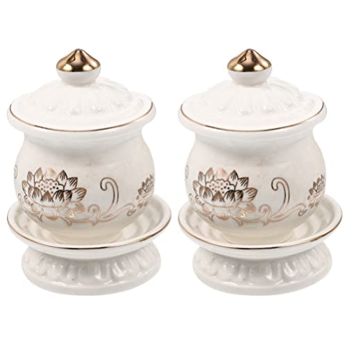 HOMSFOU 2 pack Buddhist Water Offering Cup Porcelain Temple Cup with Lotus Flower Design Buddhist Altar Teacup for Worship Rituals Home Decor 4.13 X 2.75 X 2.75 in