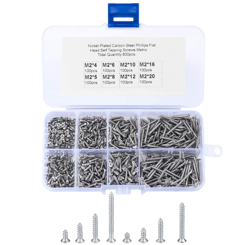 [Australia - AusPower] - 800 Pcs M2 Flat Head Self Tapping Screws, Small Cross Drive Head Self Tapping Woodworking Fastener Screws, Carbon Steel Self Drilling Screws Assortment Kit, 4/5/6/8/10/12/16/20mm 