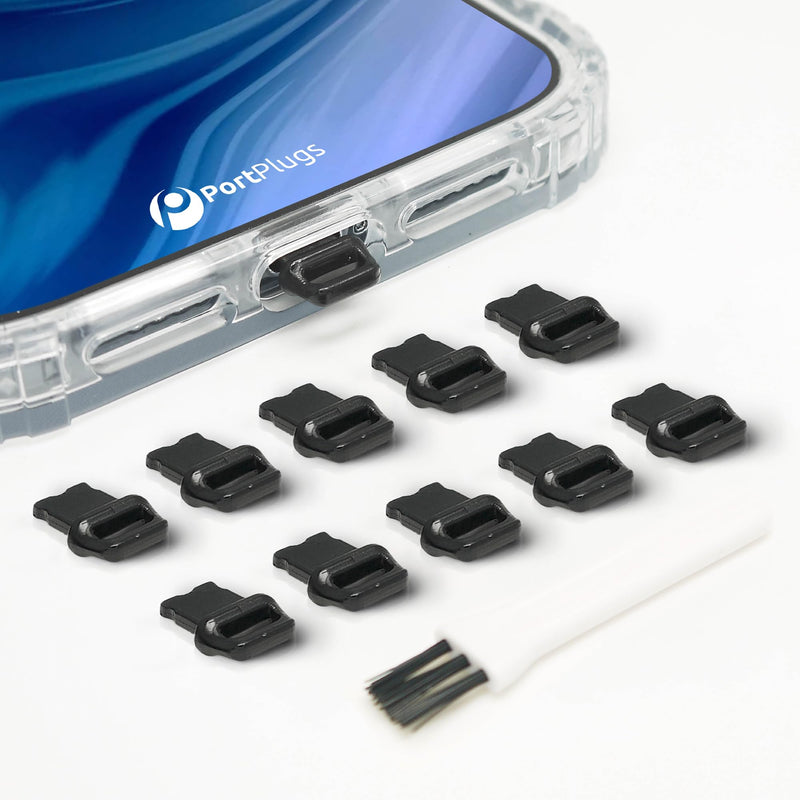 [Australia - AusPower] - Dust Plugs (10-Pack) Easy-Grip Tab, Compatible w/iPhone, iPad, AirPods Lightning Charge Port, Case-Friendly Protector - Includes Cleaning Tool (Black) Black 10 Pack 