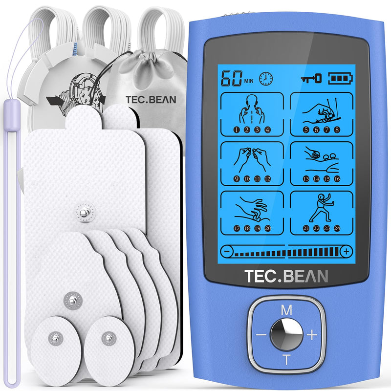 24 Modes Tens Unit Muscle Stimulator, Rechargeable Tens Machine with 8 Electrode Pads (American Gel), Electric Pulse Massager for Pain Relief Therapy（Blue） B-blue