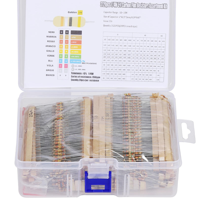 [Australia - AusPower] - 156 Values 3120PCS Resistor Kit 1/4W 5% Carbon Film Resistors 1 Ohm-10M Ohm Assortment Kit for DIY Projects and Experiments 