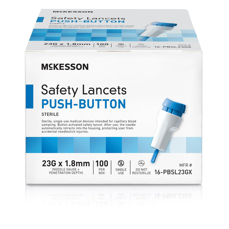 [Australia - AusPower] - McKesson Lancets for Diabetes Testing [100 Count] Lancing Device for Blood and Glucose Test, 23G x 1.8 mm, Push Button Activation, Sterile, Single Use 