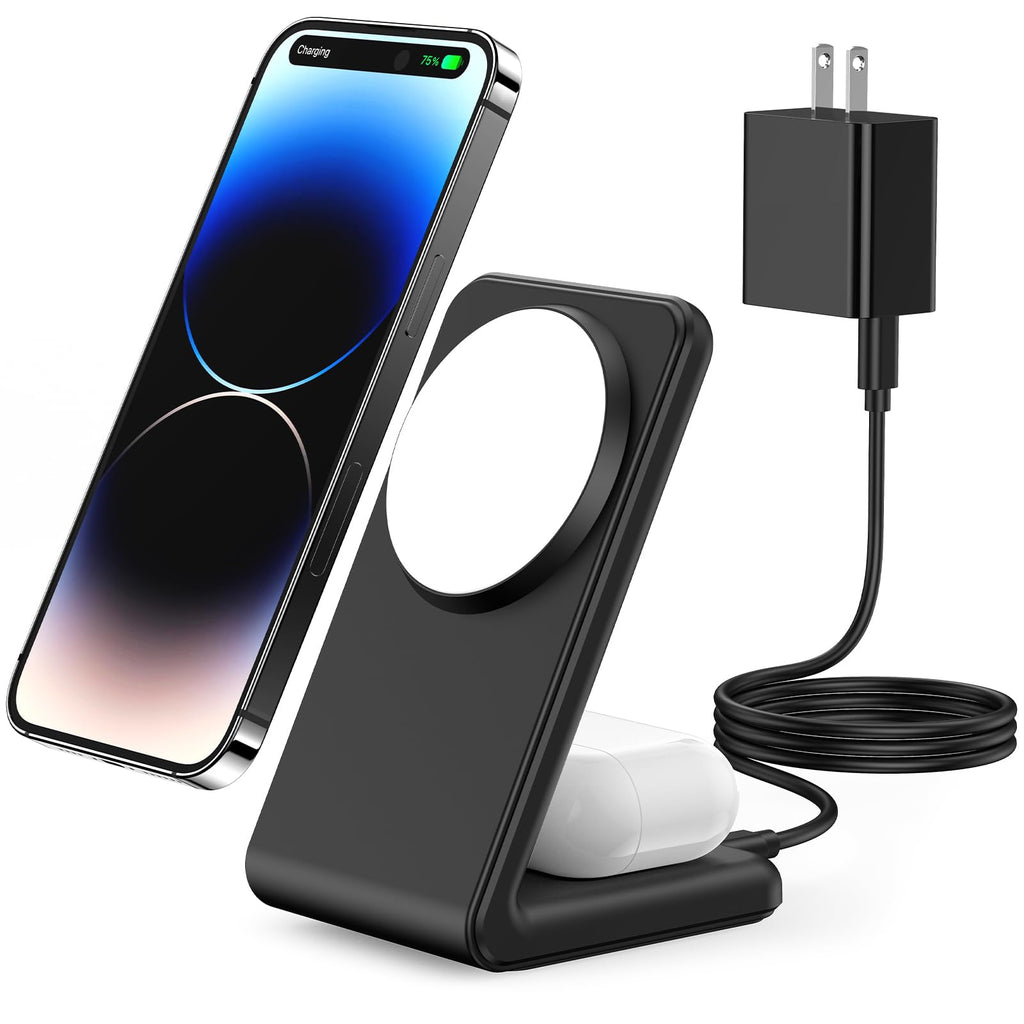 [Australia - AusPower] - Meifigno 2-in-1 Magnetic Wireless Charger, Fast Charging with PD3.0 20W USB-C Adapter & Charging Cable MagSafe Charger Stand for iPhone 14 13 12 Pro Max Plus Mini, AirPods 3/Pro 2/Pro, Black 