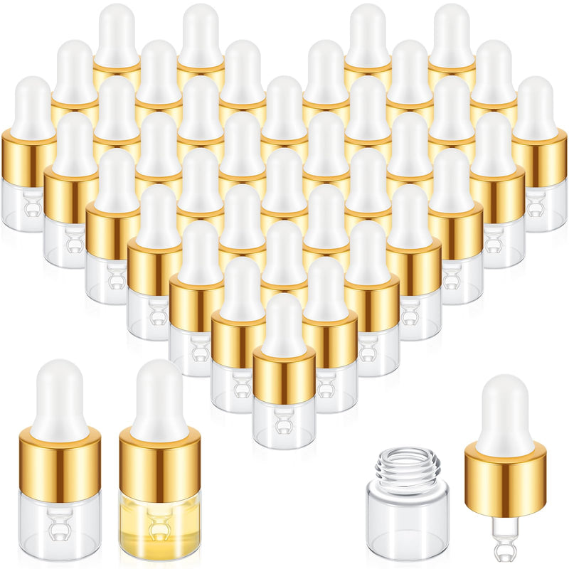 [Australia - AusPower] - 100 Pcs Mini Glass Dropper Bottle Bulk Clear Essential Oil Dropper Bottles Small Glass Dropping Sample Containers Perfume Liquid Cosmetic Sample Vials with Cap for Traveling (Gold,1 ml) Gold 1 ml 