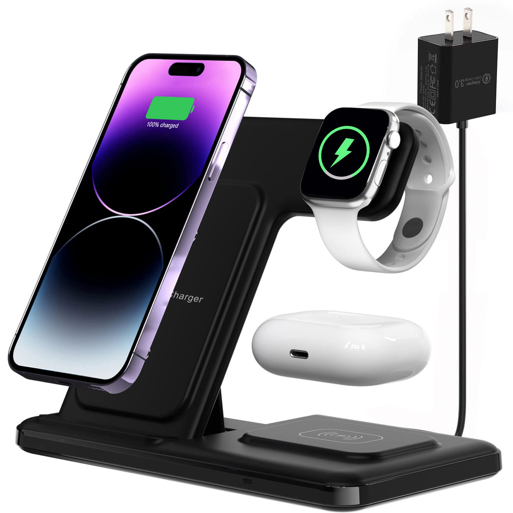 [Australia - AusPower] - 3 in 1 Wireless Charger, Foldable Wireless Charging Station, Travel Fast Wireless Charging Pad for Multiple Apple Devices, Compatible with iPhone 14/13/12/11/Pro/Max/XR/XS, iWatch, Airpods (Black) Black 