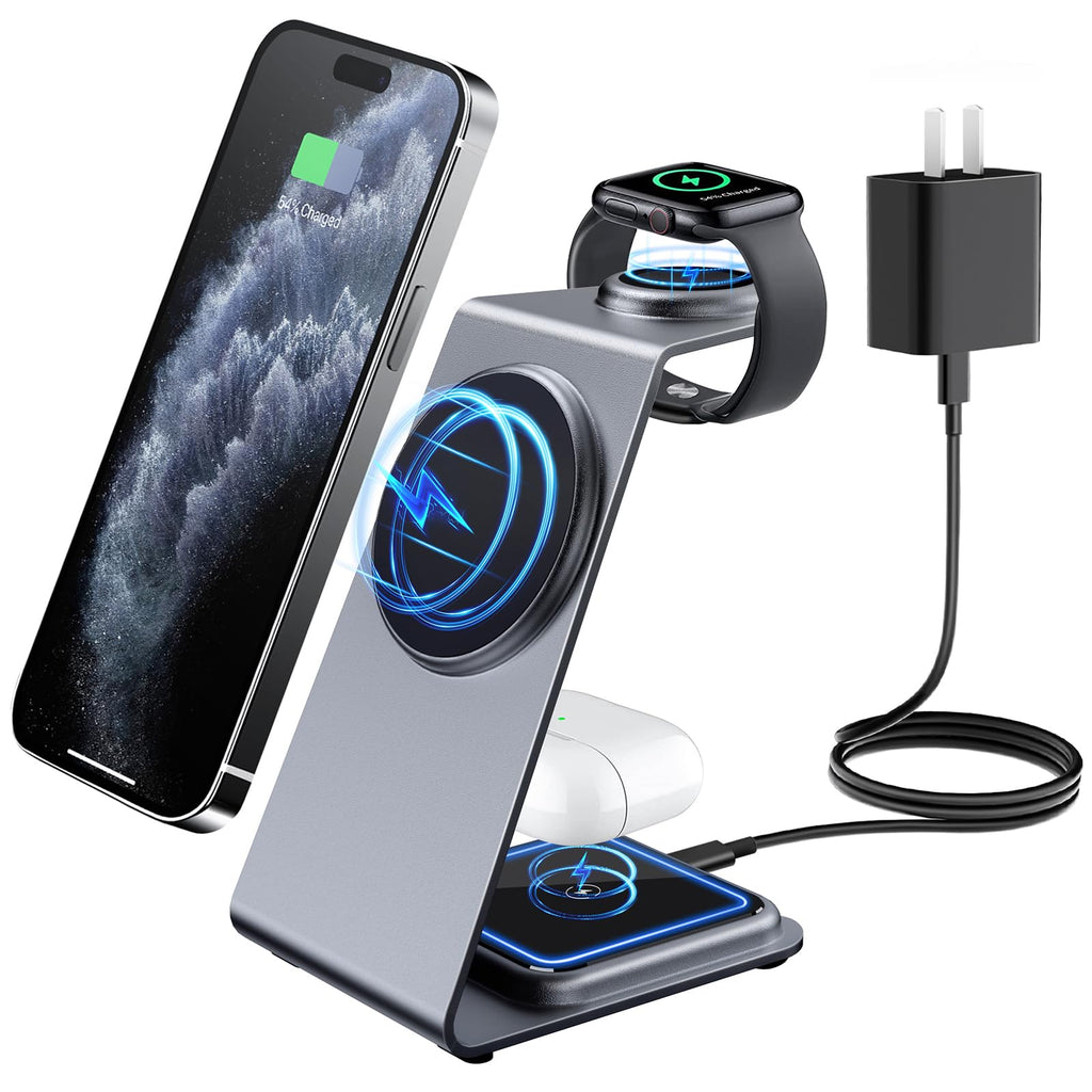 [Australia - AusPower] - 3 in 1 Wireless Charging Station, LEKOYE Magnetic Aluminum Alloy Wireless Charger for iPhone 14/13/12 Series, Fast Charging Stand for Multiple Devices Apple Watch & AirPods(with 20W Adapter) - Gray 