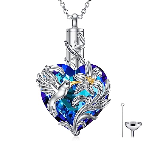 VONALA Hummingbird Urn Necklace for Ashes S925 Sterling Silver Hummingbird Cremation Jewelry for Ashes for Women Hummingbird Memory Ashes Keepsake Necklace for Loss Loved Ones Women Blue