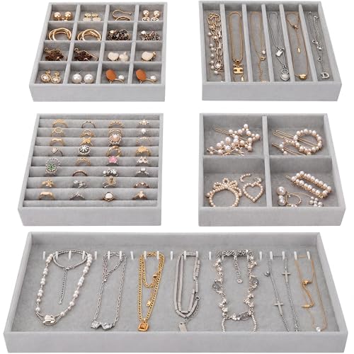 Fixwal jewelry organizer trays 5-pack, 14-inch stackable drawer dividers with compartments for jewelry storage and organization.