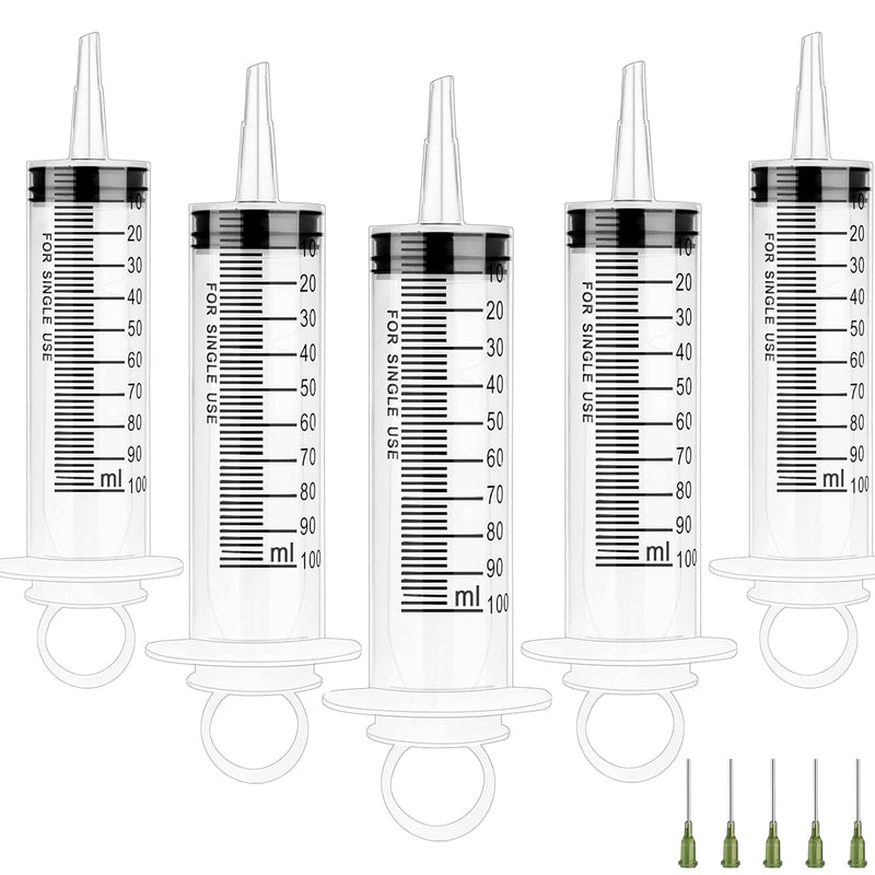 Syringes 100 ml Pack of 5 Syringes 100 ml with Blunt Needle | Sterile packed dosing syringe reusable for feeding plant irrigation engine oil or brake fluid
