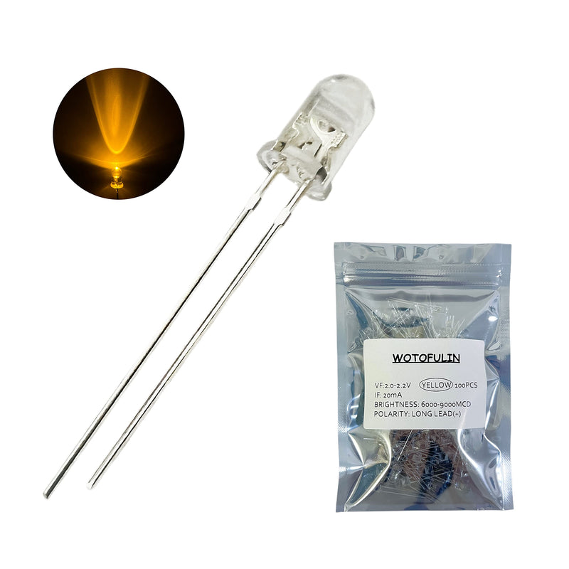 [Australia - AusPower] - 5mm Yellow LED Diode Lights 100pcs DC 2V 20mA Round Clear Lens Electronics Components Light Emitting Diodes LED Light Bulbs 